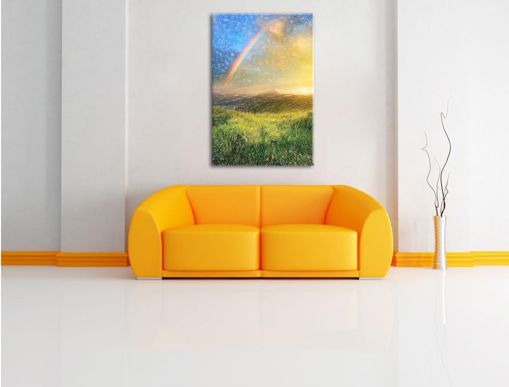Pixxprint Berge mit Regenbogen am Himmel / 100x70cm Leinwandbild bespannt auf Holzrahmen/Wandbild Ku