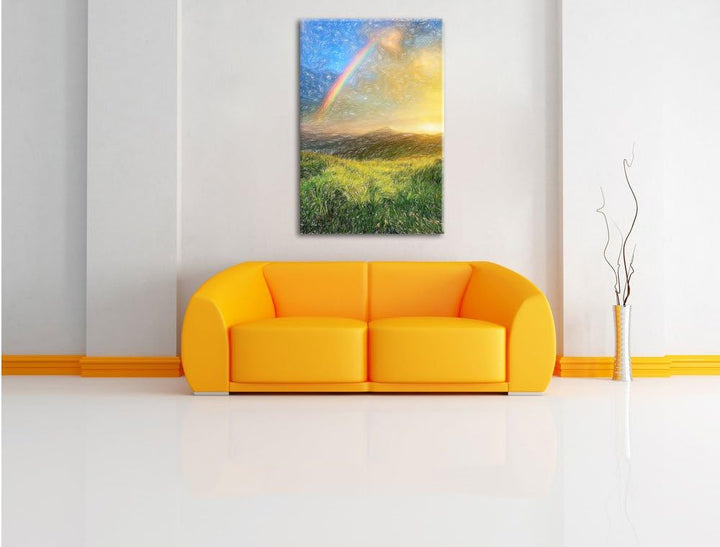 Pixxprint Berge mit Regenbogen am Himmel / 100x70cm Leinwandbild bespannt auf Holzrahmen/Wandbild Ku