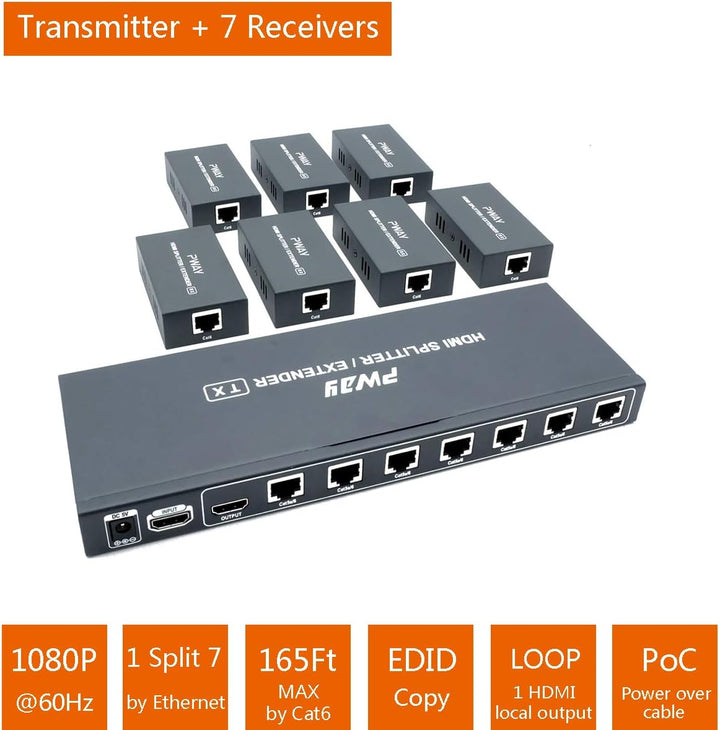 PW-HT226P7（POC） 1X7 Port HDMI Extender Splitter Verteiler Ultra HD 1080P Ohne Verzögerung 165ft(50m)