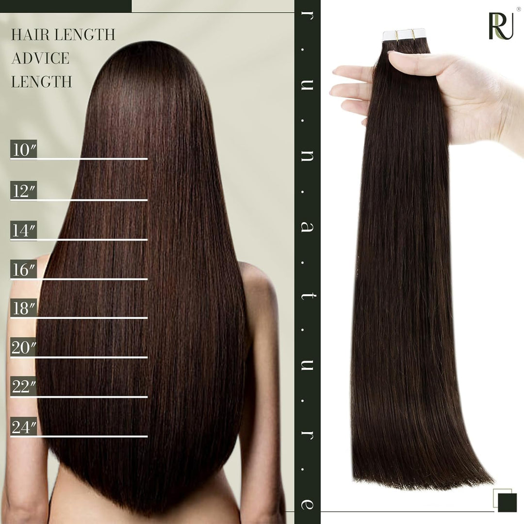 RUNATURE Tape in Extensions Echthaar Dunkelbraun Tape Echthaar Extensions 30cm Naturliches Tape in H