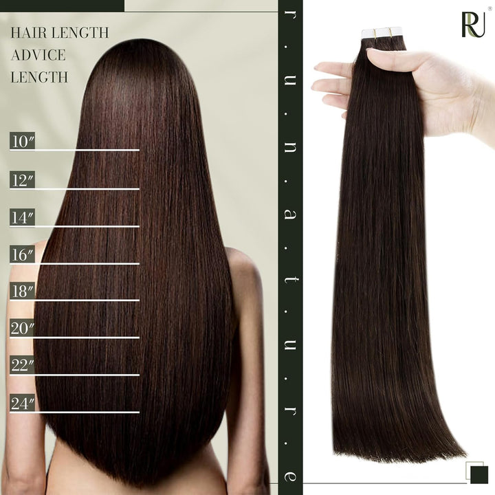 RUNATURE Tape in Extensions Echthaar Dunkelbraun Tape Echthaar Extensions 30cm Naturliches Tape in H