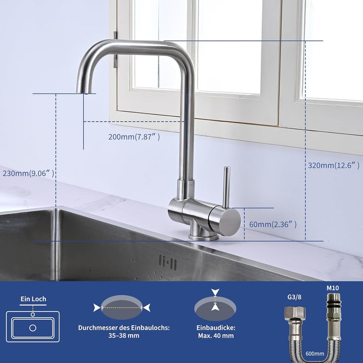 Küchenarmatur BuntHaus, Wasserhahn Unterfenster, Spültischarmatur Vorfenster, Wasserhahn umklappbar