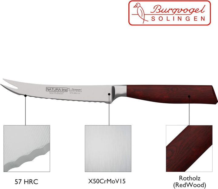 Burgvogel Solingen Natura Line, Tomatenmesser Holzgriff, rot satiniert, geschmiedet, 13 cm, rostfrei