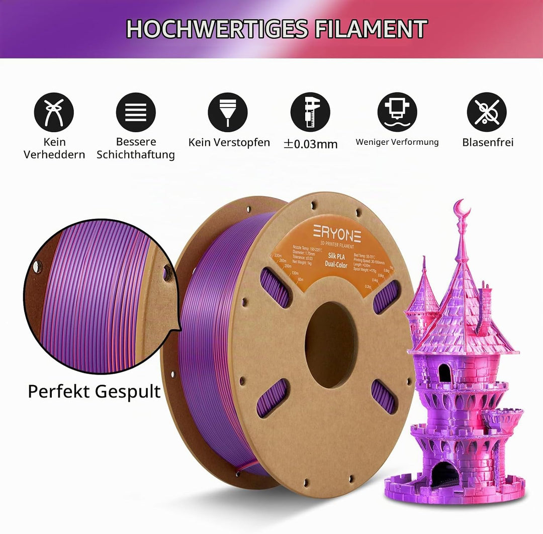 ERYONE Dual Seiden PLA Filament 1.75mm,Co-Extrucsion PLA Seiden Filament für 3D Drucker +/- 0,03 mm,
