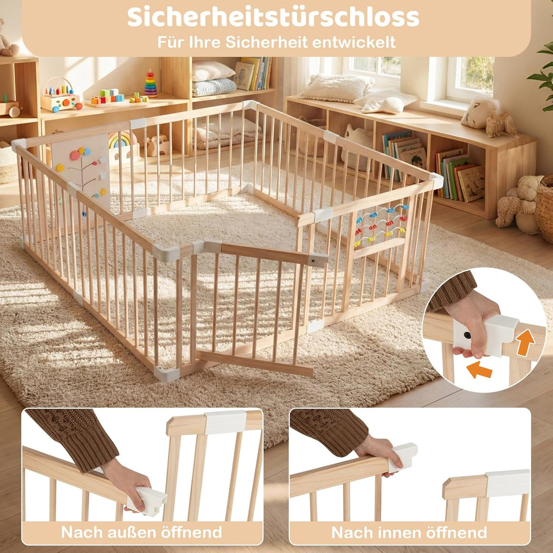 COSTWAY Baby Laufstall aus Kiefernholz, 160 x 160 cm, Laufgitter faltbar inkl. 8 Paneele, Krabbelgit