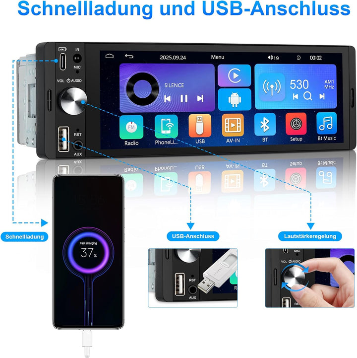 1 Din Autoradio mit Bildschirm Kompatibel mit Wireless CarPlay & Android Auto, 6,28 Zoll 1Din Car Ra