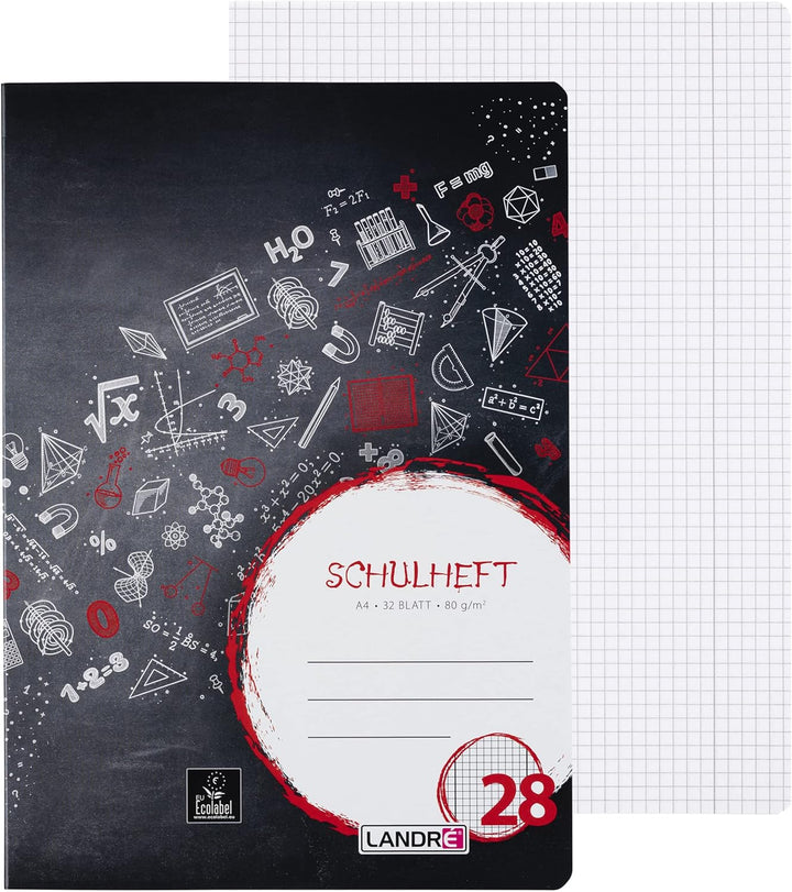 Landré Schulheft A4, 32 Blatt, Lineatur 28, kariert mit Rand, 10 Stück, Lineatur 28