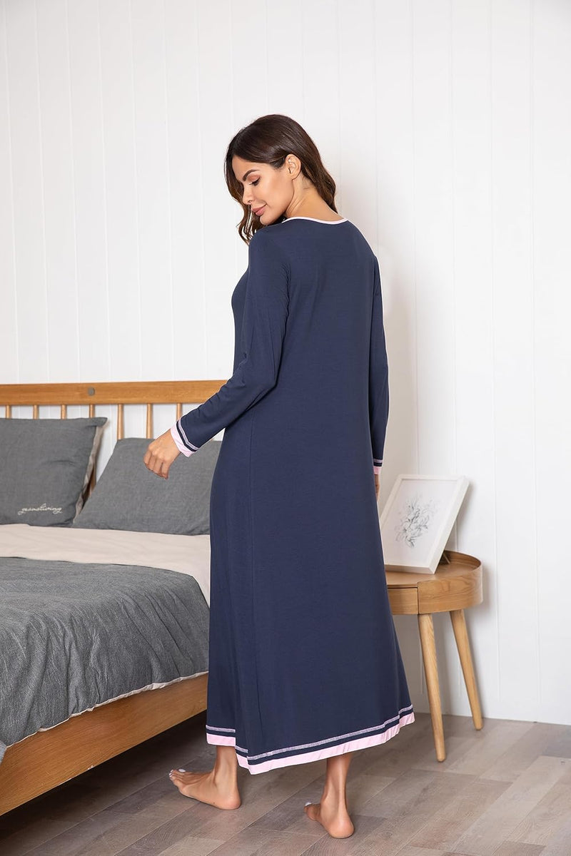 Ekouaer Damen Nachthemd Langarm Elegant Sleepshirt Weich Schlafkleid Lange Nachthemden Kontrastfarbe