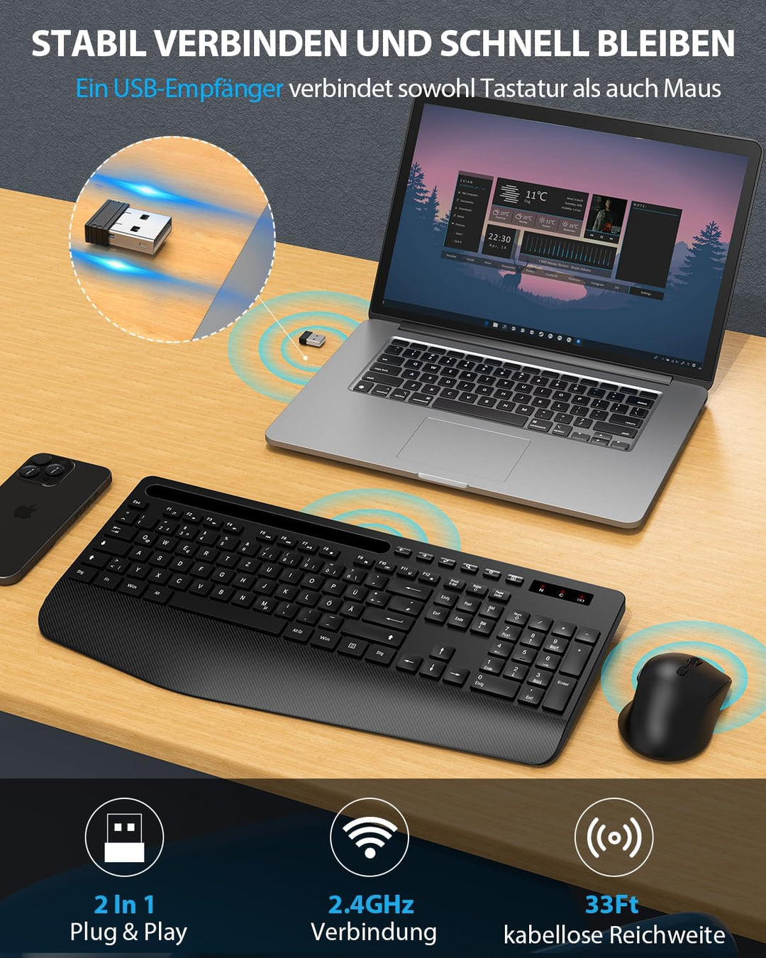 Tastatur Maus Set kabellos, Handballenauflage, Telefonhalter, Akku im Lieferumfang enthalten, 2.4G k