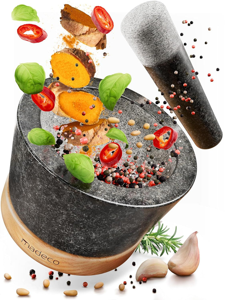 madeco Mörser mit Stössel Granit auf Holzsockel Eiche Ø 14,5 cm - Perfekt geeignet für Gewürze, Kräu