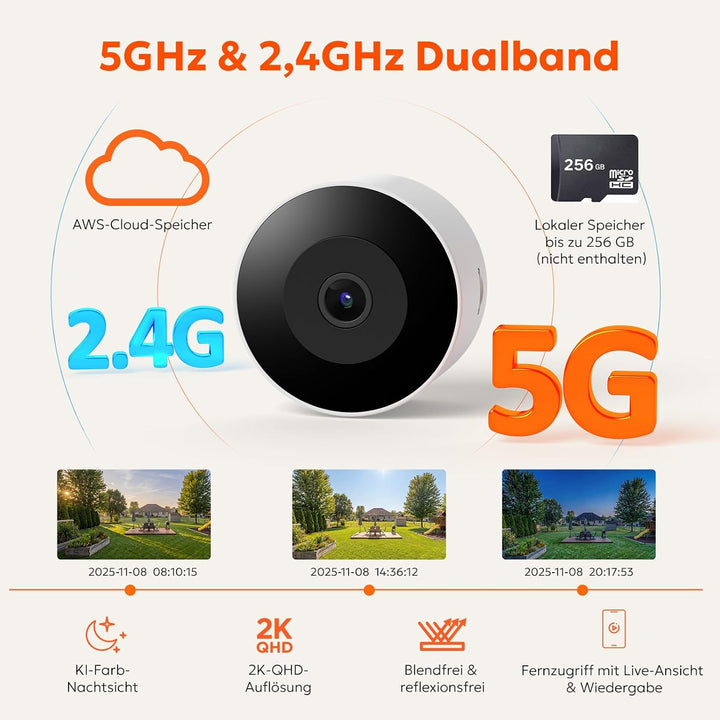 owltron Fensterkamera mit Halterung 2,4 GHz & 5 GHz Dual-Band, 3MP 2K Innenkameras mit KI-Farbnachts