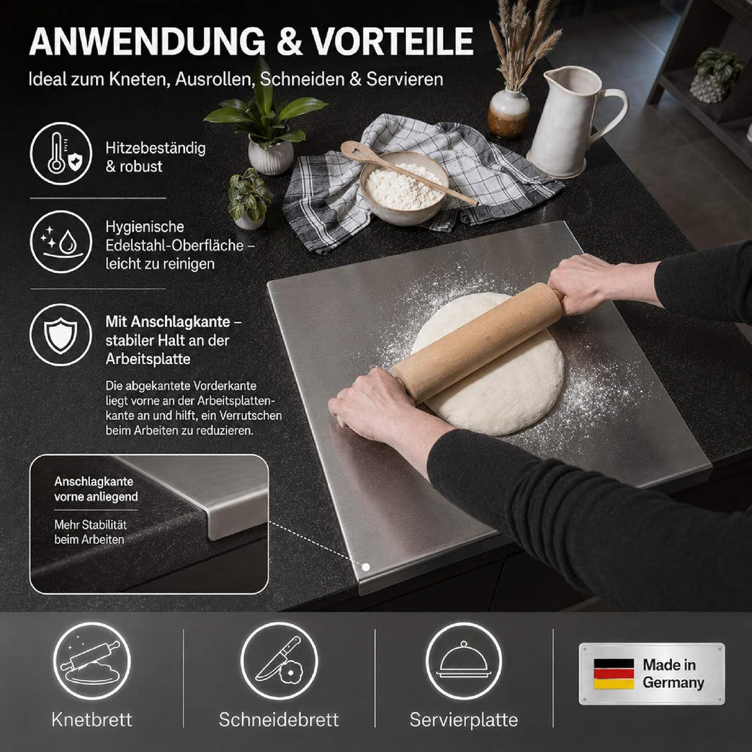Arbeitsplatte Knetbrett Edelstahl [50x40 cm] - Für Kneten, Schneiden & Backen - Küchenplatte mit Ans