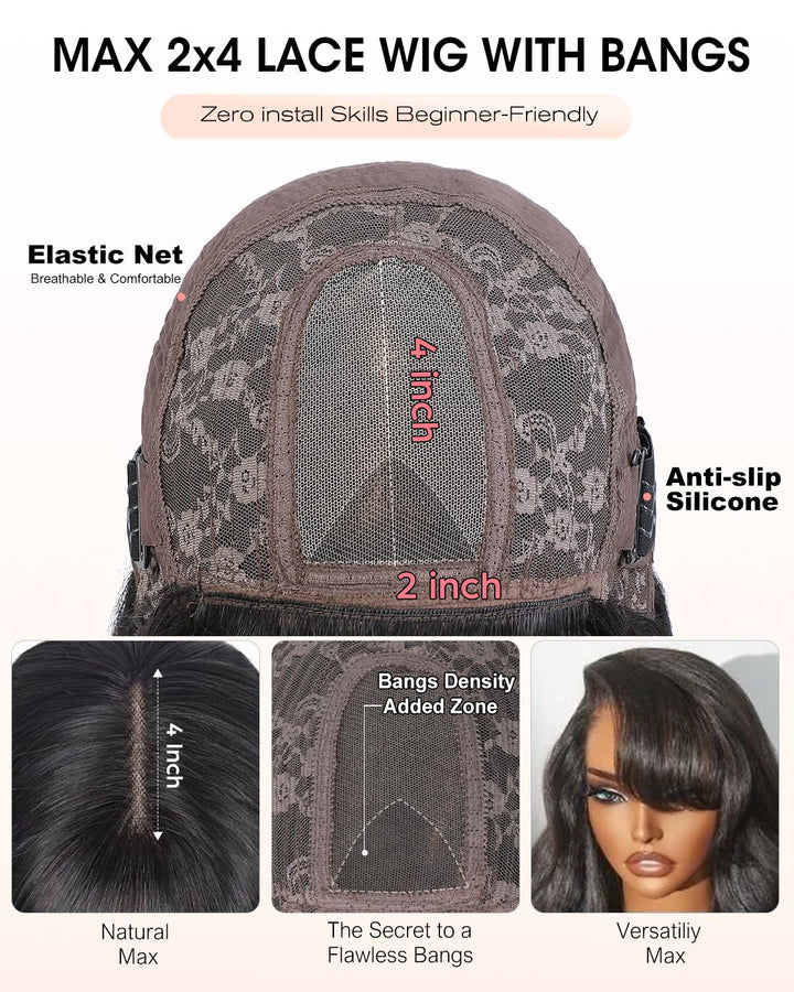 Tunfine Straight Bob Glueless Human Hair Wigs 2x4 Lace Front Wigs With Bangs Echthaar Perücke for Bl
