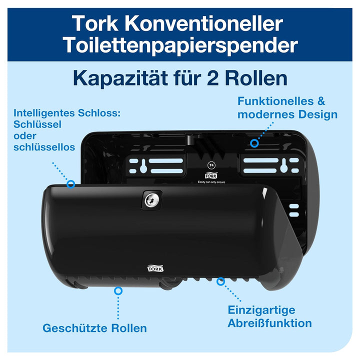 Tork 557008 Spender für Kleinrollen Toilettenpapier T4 in Schwarz / Hygienischer Papierspender für T