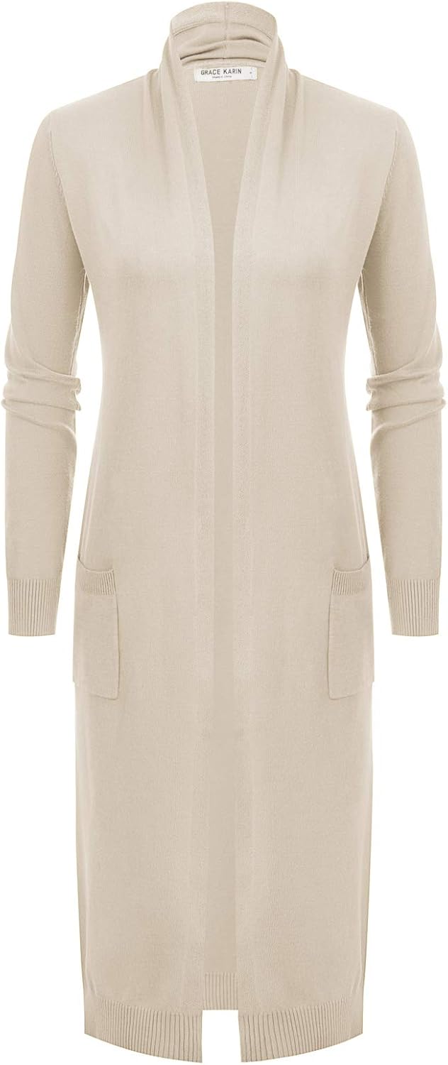 GRACE KARIN Damen Strickjacke Offene Langarm Knitwear Casual Maxi Lang Cardigan Sweater CLE02380 M H