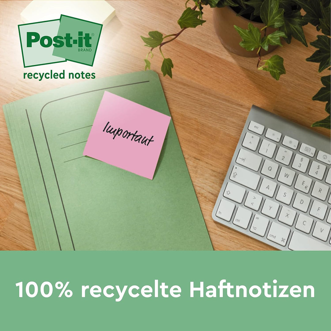 Post-it Recycling Notes Assortierte Farben, Packung mit 16 Blöcken, 100 Blatt pro Block, 76 mm x 76