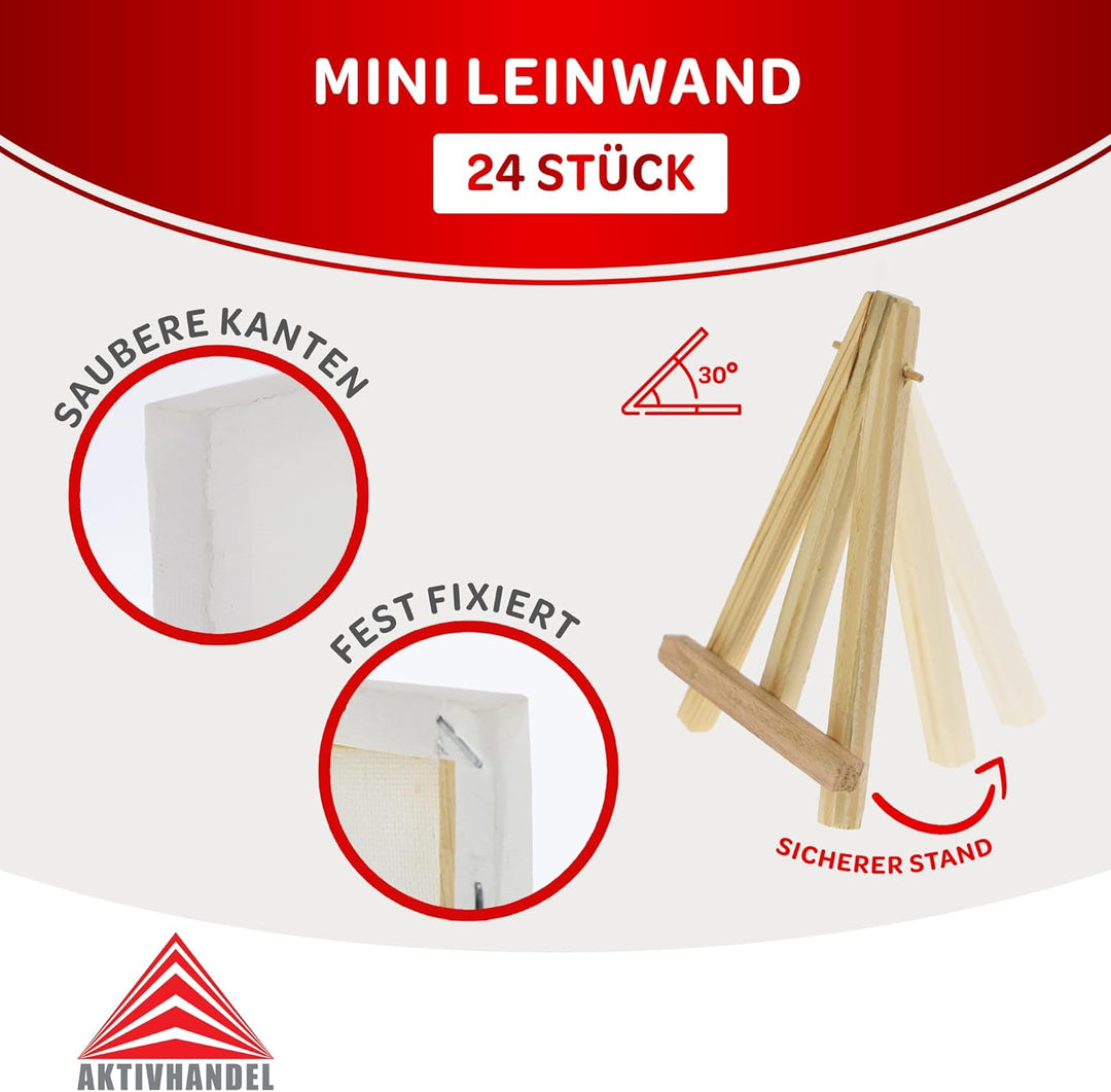 Mini Leinwand mit Staffelei Set, 24 Stück, Keilrahmen Leinwand, perfekt zum Malen und Basteln, geeig