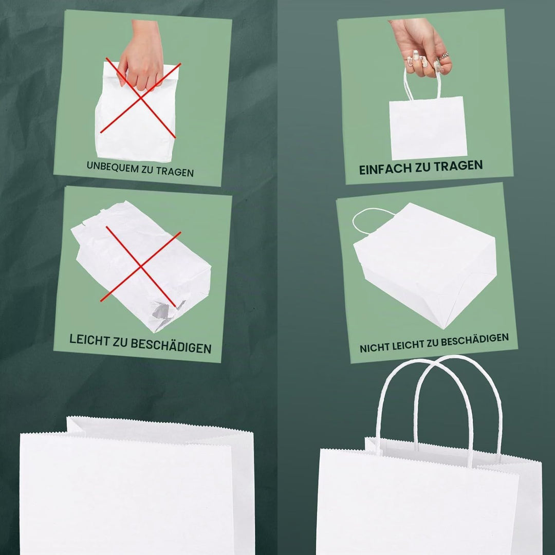 Switory 100 Stk Kraft Papiertüte, 13cm x 9,5cm x 20cm weisse Einkaufsgeschenktüte mit gedrehten Grif