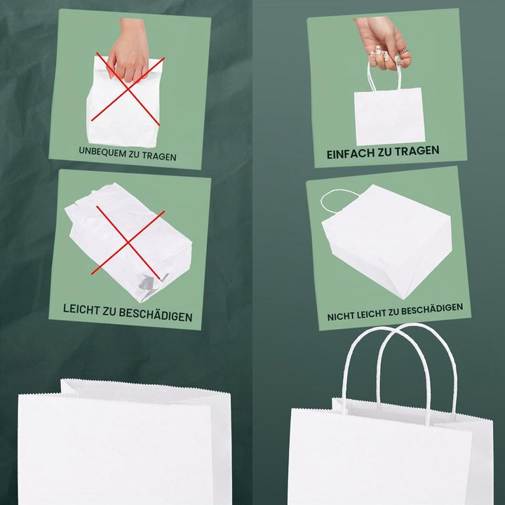 Switory 100 Stk Kraft Papiertüte, 13cm x 9,5cm x 20cm weisse Einkaufsgeschenktüte mit gedrehten Grif