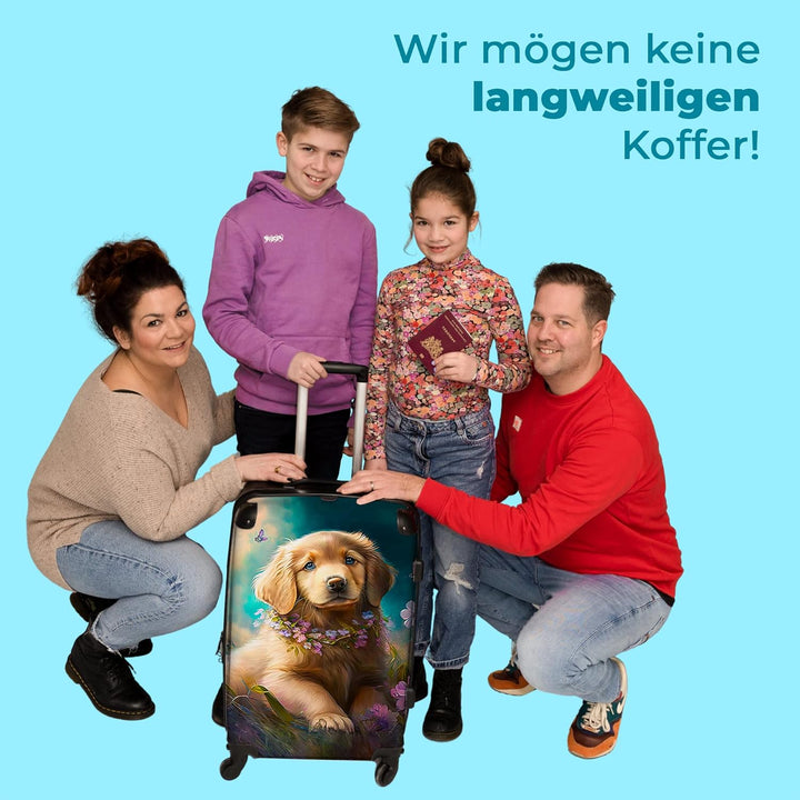 Koffer gross Trolley Rollkoffer Reisekoffer mit 4 Rollen Fotokoffer - Welpe - Blumenkranz - Schmette