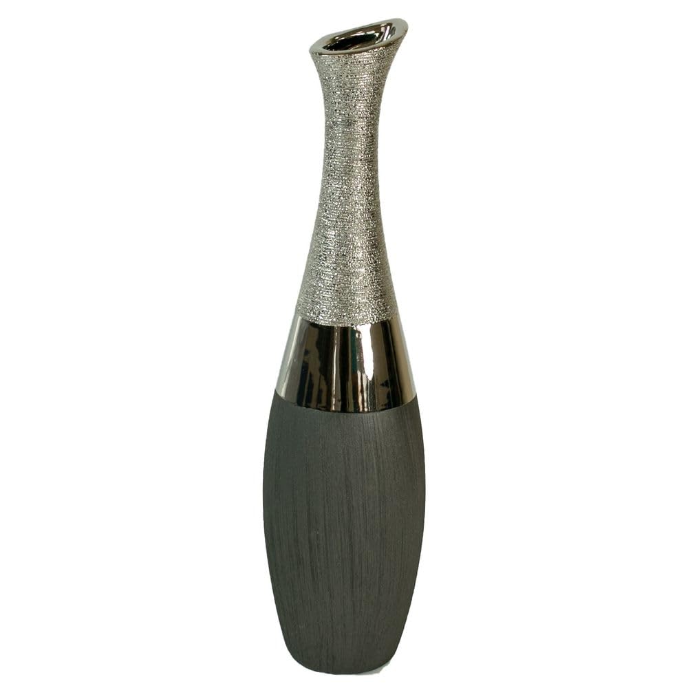 Formano Dekovase hohe Flaschen-Vase Luxor, Höhe ca. 40 cm, Durchmesser der Öffnung 3 cm, Silber-grau