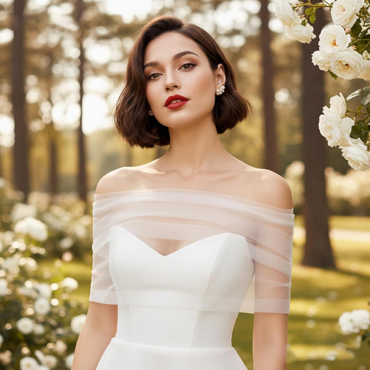 Brautstola, eleganter, schulterfreier, transparenter Schal mit abnehmbaren Ärmeln, Tüll-Hochzeitsübe