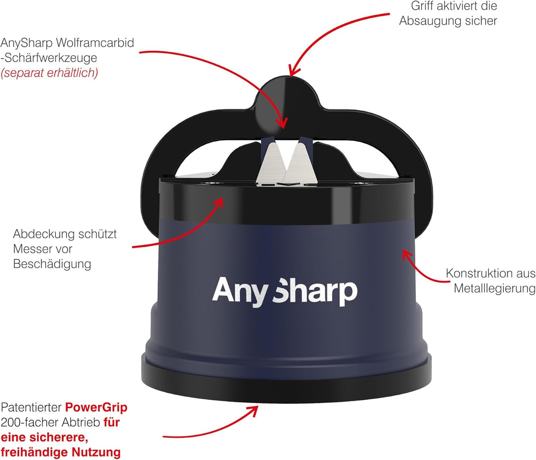 AnySharp Messerschärfer, Freihändige Sicherheit, PowerGrip Saugnapf, Sicheres Schärfen aller Küchenm