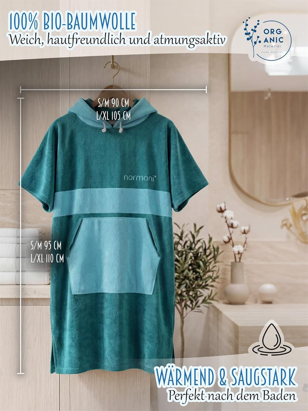 normani Baumwoll Surfer Poncho - Strandponcho - Handtuch-Poncho - Unisex Strand Umziehhilfe - geschl