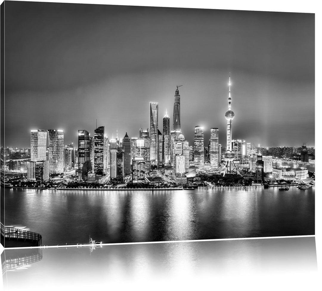 Pixxprint Monocrome, Shanghai Skyline, Format: 100x70 auf Leinwand, 100x70