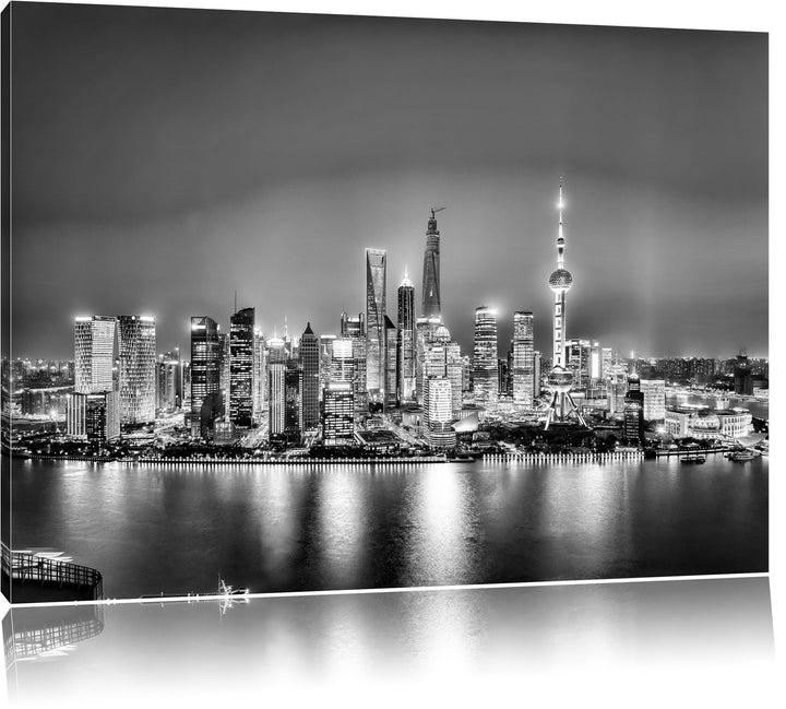 Pixxprint Monocrome, Shanghai Skyline, Format: 100x70 auf Leinwand, 100x70