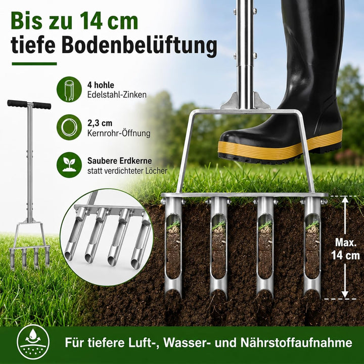 Rasenlüfter aus Edelstahl, 4 Zinken Hohlzinken, Manueller Rasenbelüfter & Aerifizierer für Verdichte