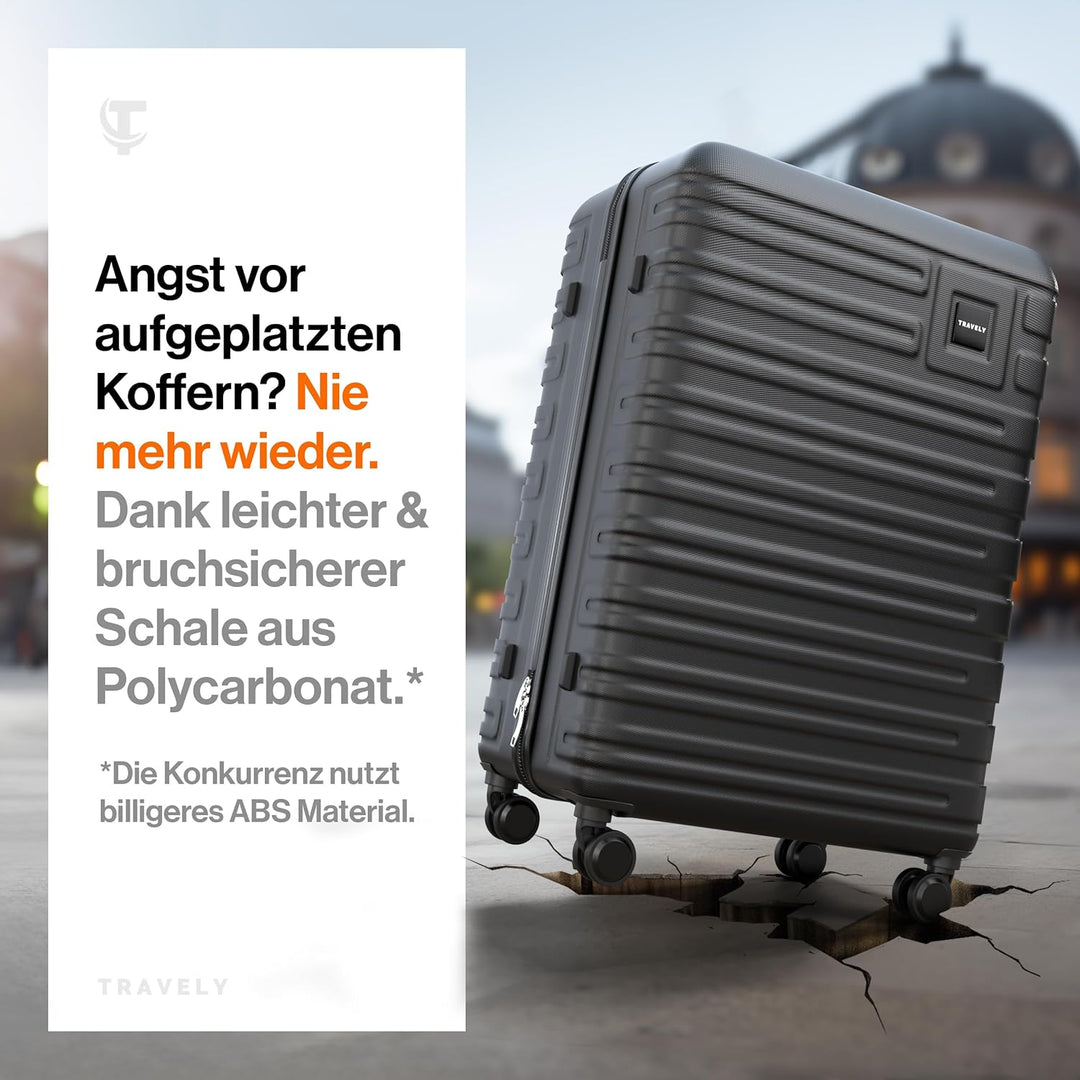 Travely Polycarbonat Koffer Gross 77cm XL - 100L Innenvolumen - 158cm Gurtmass, sehr robuster Hartsc