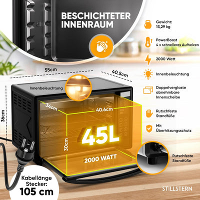 Stillstern Minibackofen mit Umluft (45L) Deutsche Version, 13 Programme, Zubehör 2x Backblech, Drehs