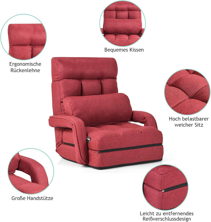GOPLUS Bodensofa mtit Schlaffunktion, klappbarer Bodenstuhl mit Armlehnen & Kissen, Klappsessel mit