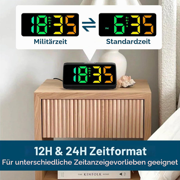 Lauter Wecker für Tiefschläfer, Wecker Digital mit Bunte Display, Doppelalarm, 5 Helligkeitsdimmer,