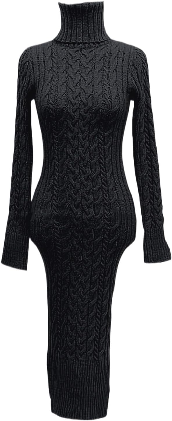 Generisch 2025- für Damen gestrickte figurbetonte Midi-Pullover-Kleider Cardigan Mit Damen (Black M)