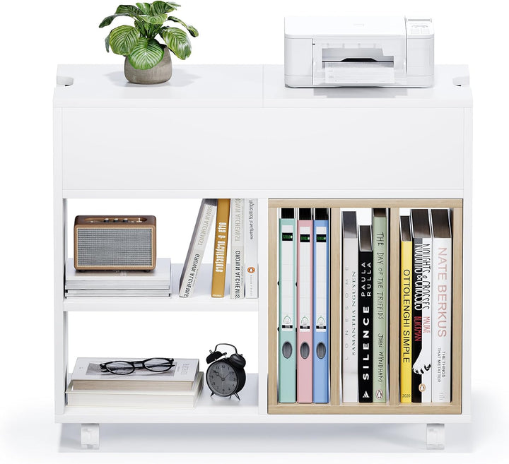 Rollcontainer,Mobiler Aktenschrank mit 4 Rollen,Büroschrank mit Abnehmbarer Bücherablage,2 Klappdeck