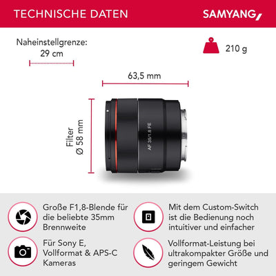 Samyang AF 35mm F1,8 FE für Sony E-Mount Vollformat & APS-C, ultra leichtes Weitwinkelobjektiv mit 6