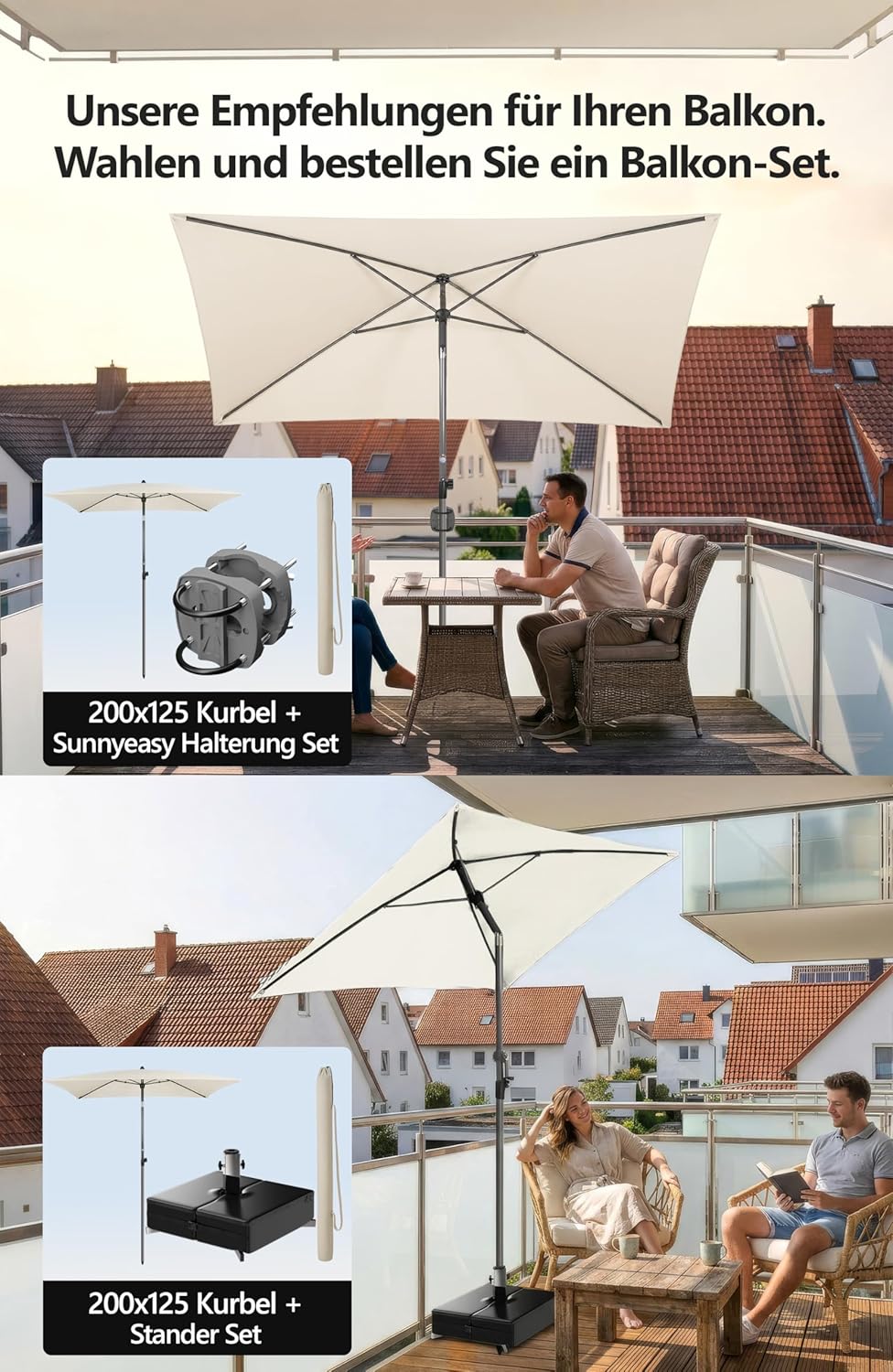 4smile Sonnenschirm Balkon mit Kurbel, Sonnenschutz Balkon mit Schutzhülle, Sonnenschirm rechteckig