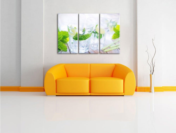 Pixxprint Mojito-Gläser mit Minze / 3-Teilig/Gesamtmass 120cm Leinwandbild bespannt auf Holzrahmen/W