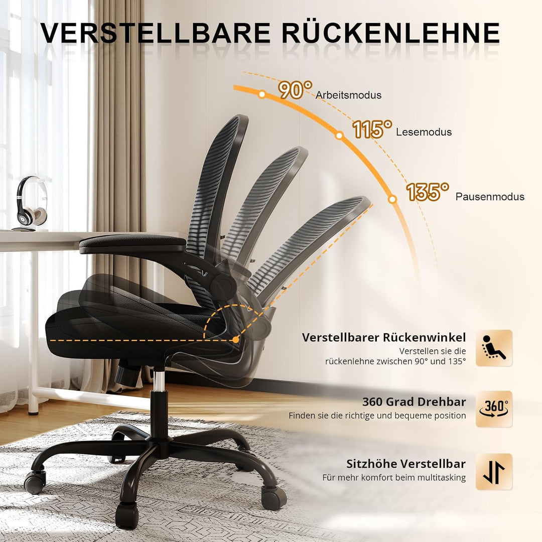 Synorla Bürostuhl Ergonomisch, Schreibtischstuhl mit Tragkraft 150 KG und 90° Hochklappbare Armlehne