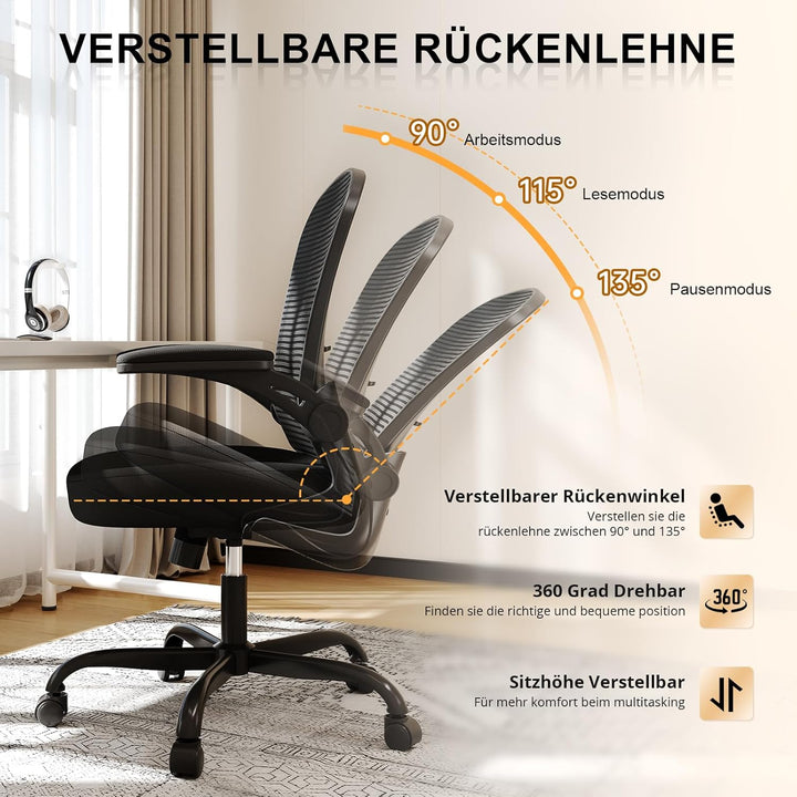 Synorla Bürostuhl Ergonomisch, Schreibtischstuhl mit Tragkraft 150 KG und 90° Hochklappbare Armlehne
