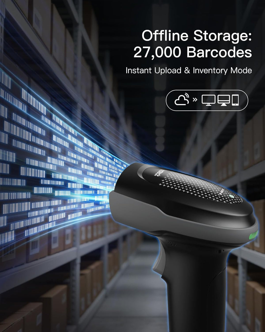 Inateck Barcode Scanner Bluetooth 2D 1D QR, 2x2000mAh Wechselakku, USB-C | QR Code Scanner PDF417, m