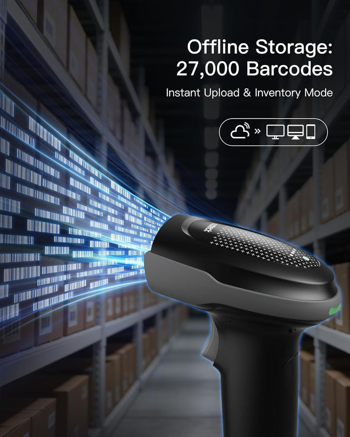 Inateck Barcode Scanner Bluetooth 2D 1D QR, 2x2000mAh Wechselakku, USB-C | QR Code Scanner PDF417, m