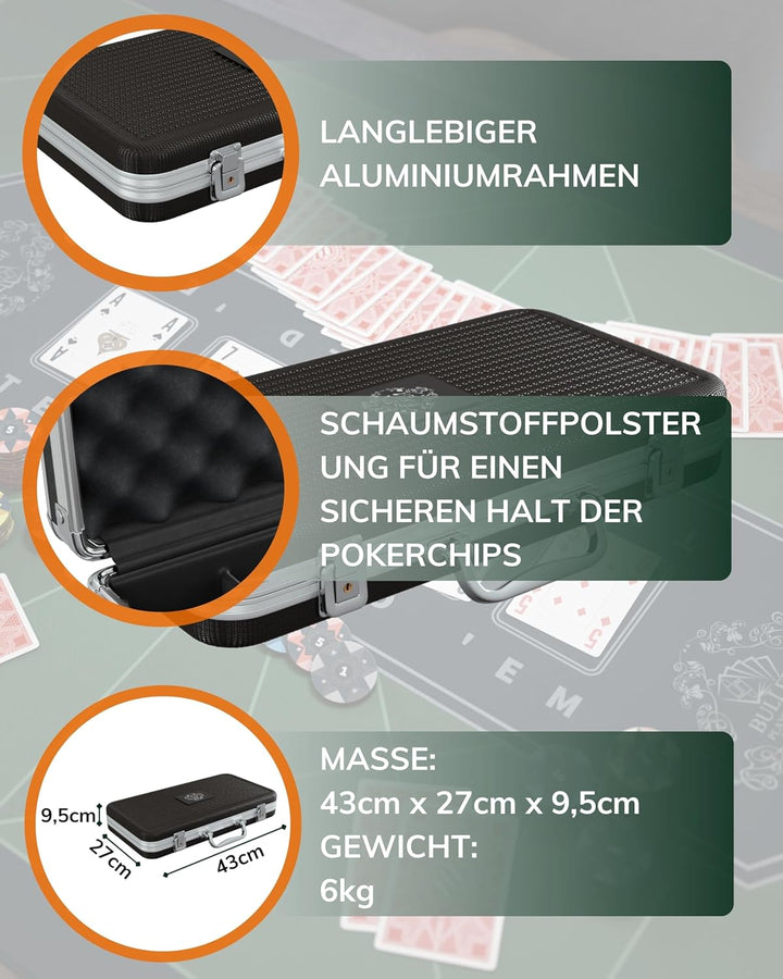 Bullets Playing Cards | Pokerkoffer „Richie“ mit 300 Keramik Pokerchips 10g | Pokerset mit Karten, W