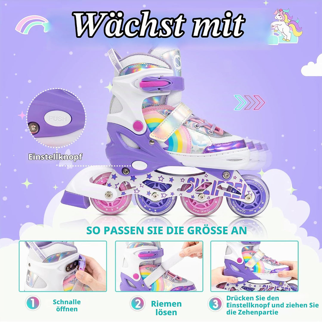 SULIFEEL Rainbow Unicorn Verstellbare Schwarz Rollschuhe für Kinder mit Leuchtenden Rädern für Junge