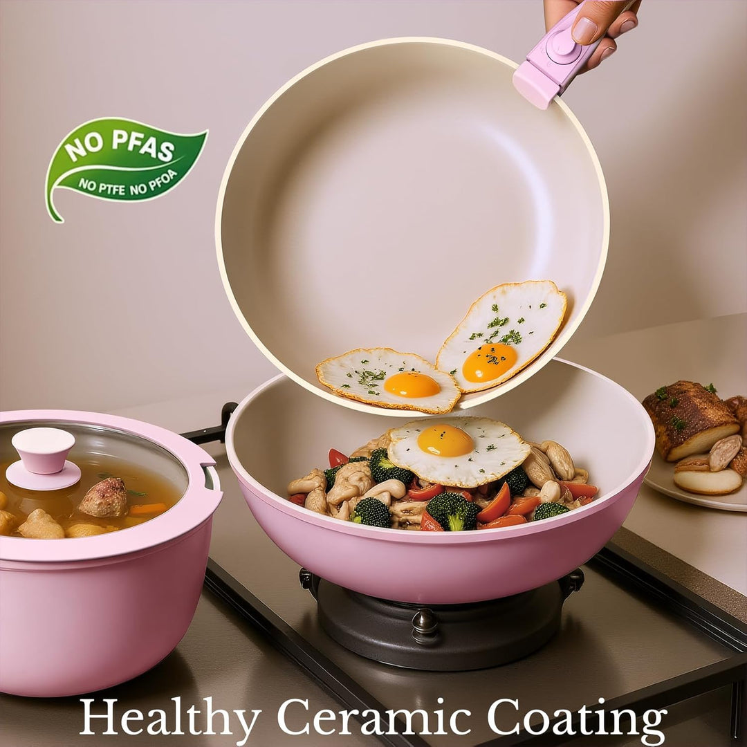 Töpfe und Pfannen Set Non-Stick, Keramik Kochgeschirr Set Abnehmbare/abnehmbare Griffe, RV Camping K