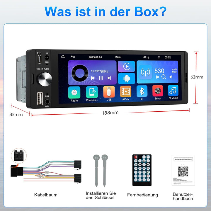 LEROAADZ 1 Din Autoradio mit Bildschirm Kompatibel mit Wireless CarPlay & Android Auto, 6,28 Zoll 1D