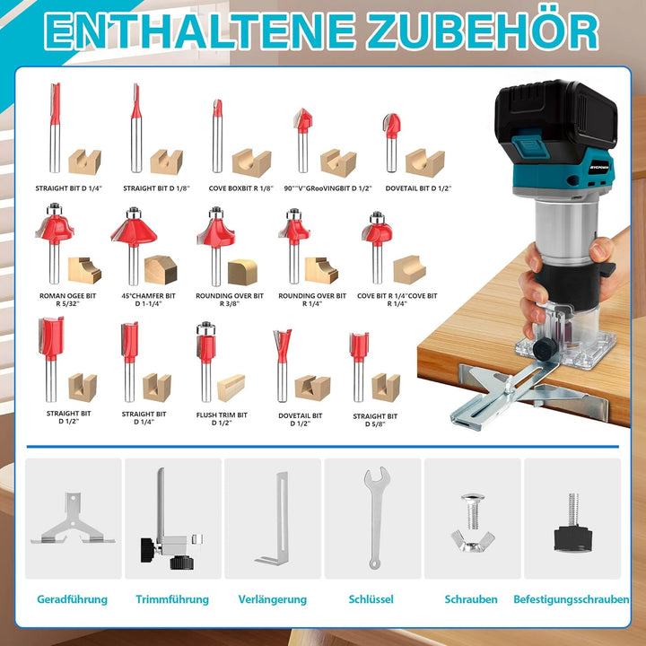 Akku Oberfräse für Makita 18V Akku, 800W Akku-Kantenfräse Set mit 6 Geschwindigkeit, 30000 U/min Bür