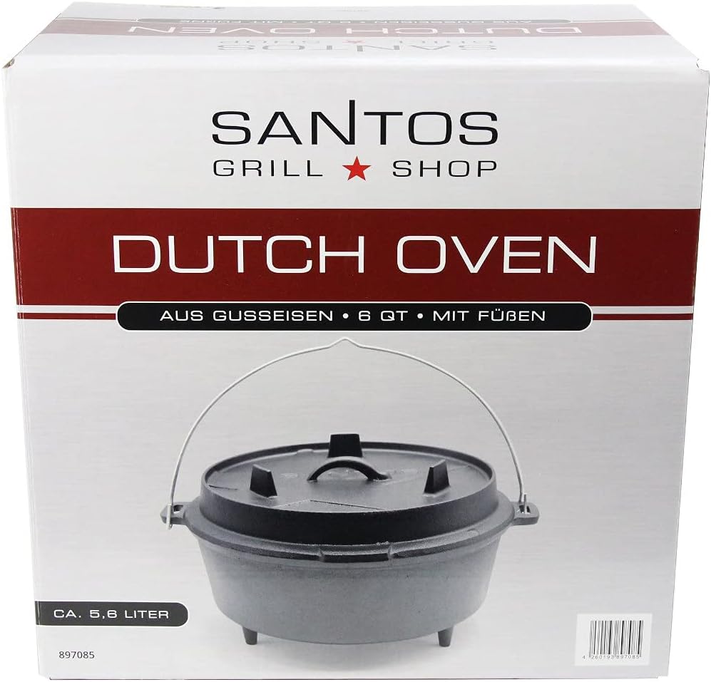 SANTOS Dutch Oven mit Deckel - Schmortopf für Aussenküche - 5,7 L/6 Qt. Feuertopf mit Füssen - Gusse
